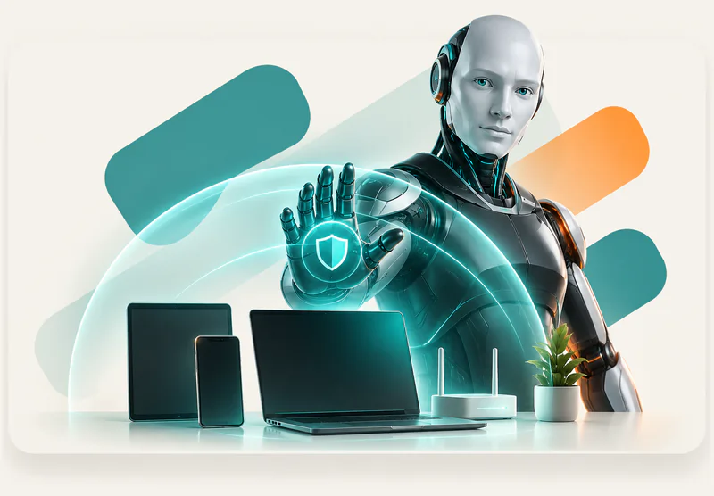 Robot som skyddar laptop, surfplatta, mobil och router med en lysande sköld